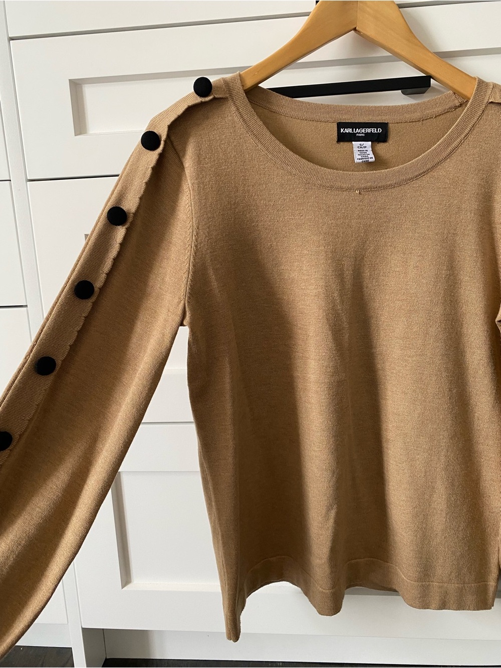 Karl Lagerfeld Camel Knit Crewneck Sweater with Black Button Trim